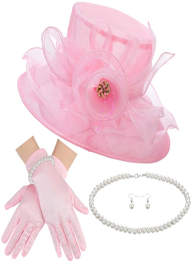 Aurelema 5 Pcs Derby Fascinator Hat Gloves Set for Women Tea Party with Pearl Necklace Bracelet and Earring(Pink,Satin) - Image 1